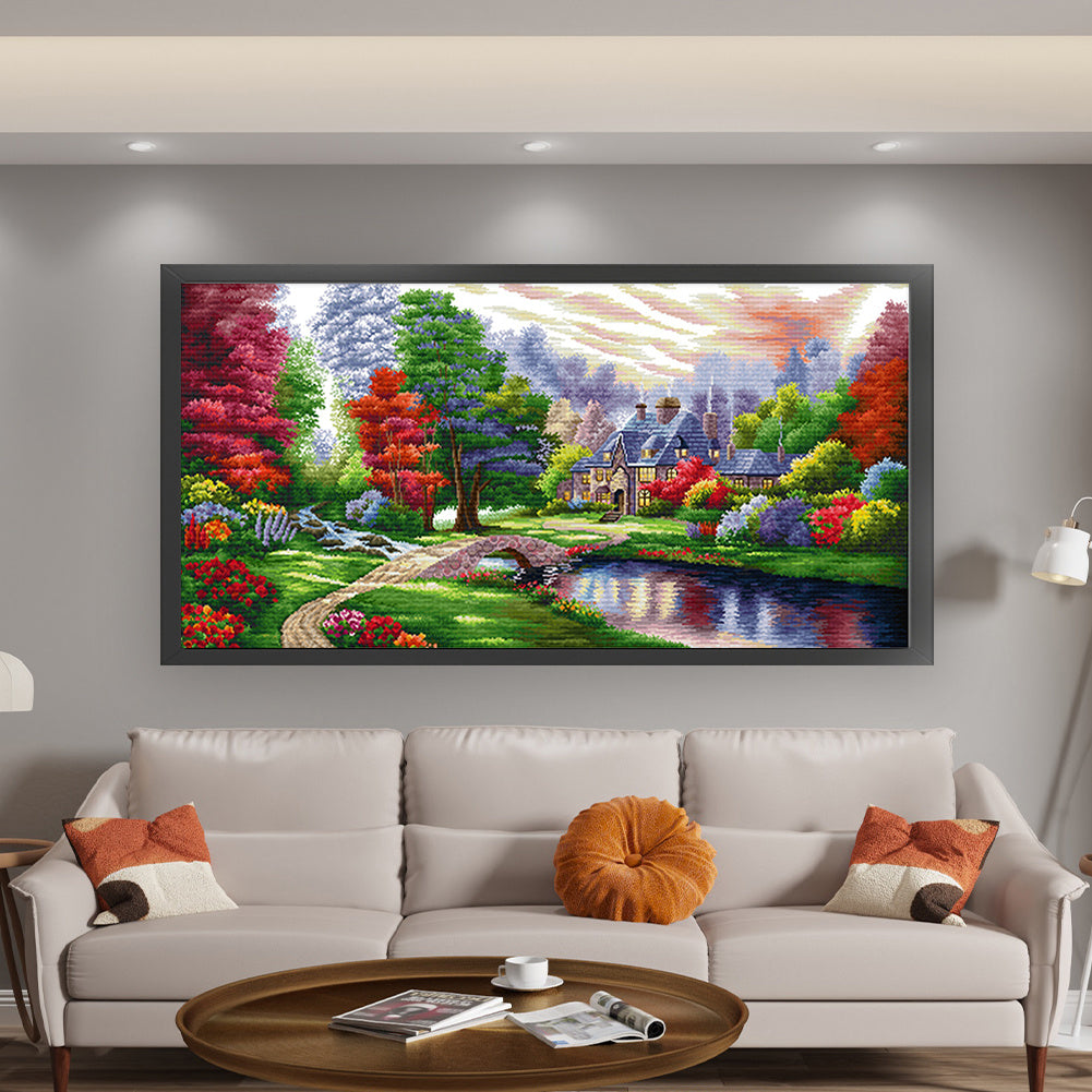 Lakeside Trees - DIY Eco-cotton Thread 11CT Stamped Landscape Series Full Embroidery Big Size Cross Stitch Kit