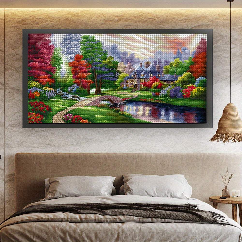 Lakeside Trees - DIY Eco-cotton Thread 11CT Stamped Landscape Series Full Embroidery Big Size Cross Stitch Kit