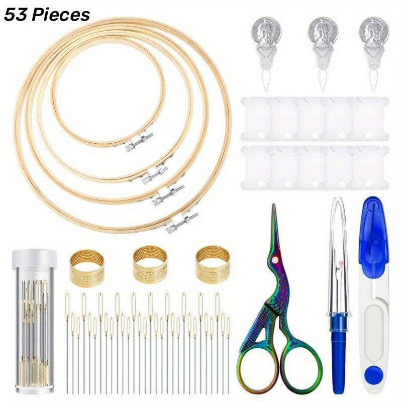 53pcs Cross Stitch Tool Embroidery Starter Kit with Hoops