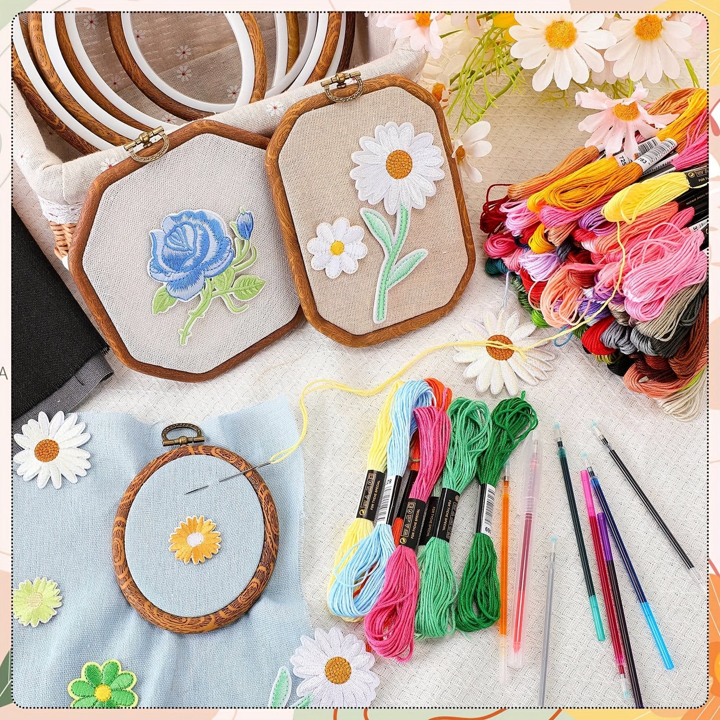 138pcs Embroidery Kit with 9 Hoops and 100 Floss Skeins