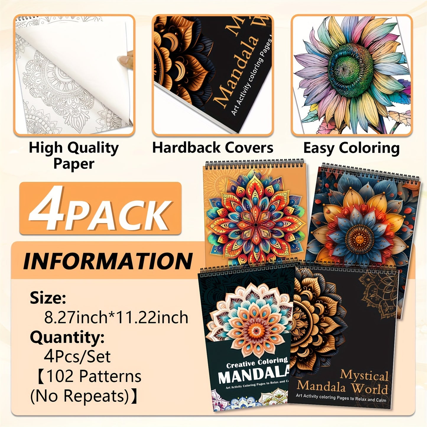 4pcs Mandala Coloring Book Set for Adults & Teens 102 Relax Designs Spiral Bound High-Quality Pages Art Relax Drawing Books for Relaxation, Mindfulness & Creativity