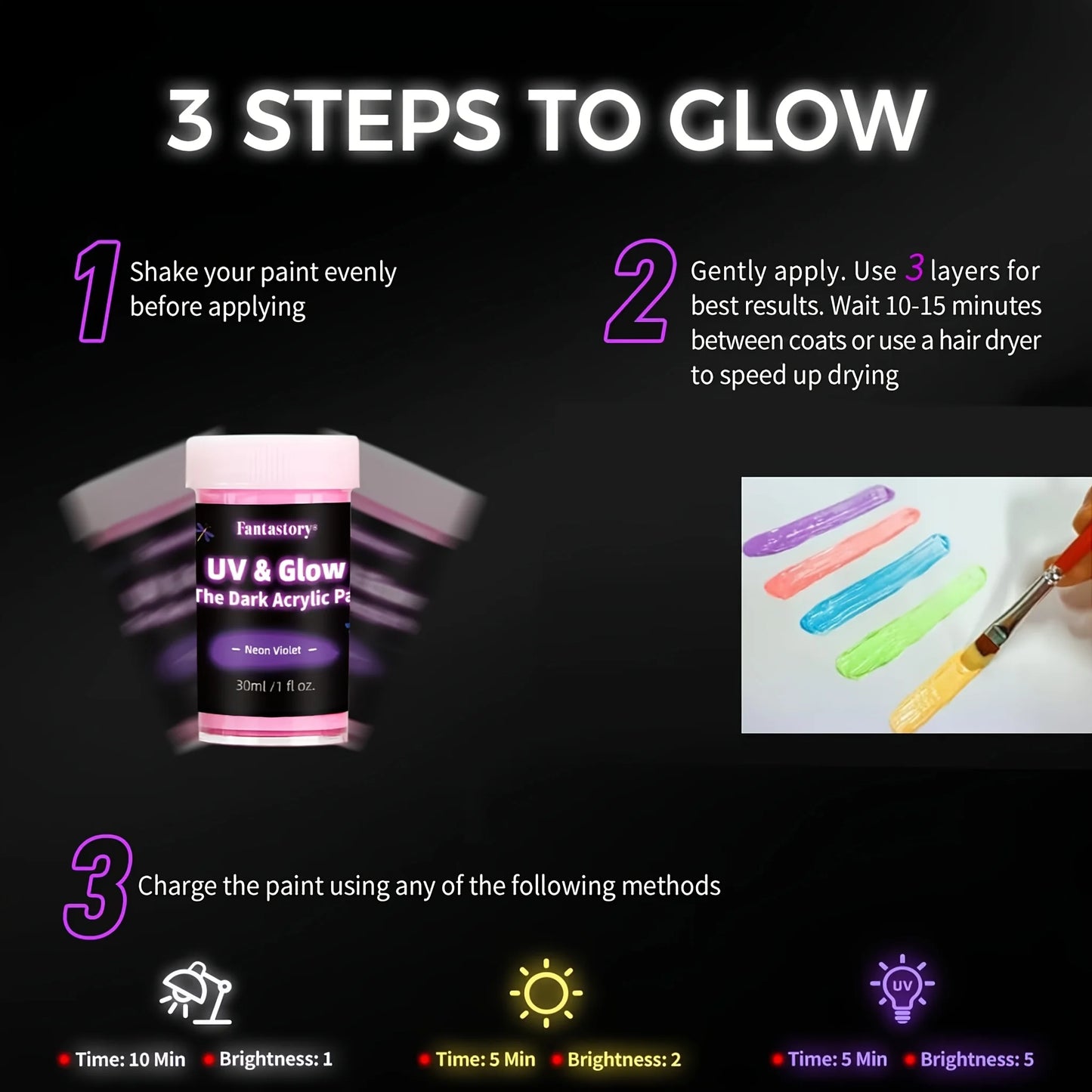 Fantastory 10pcs Glow in the Dark Acrylic Paints 30ml Waterproof