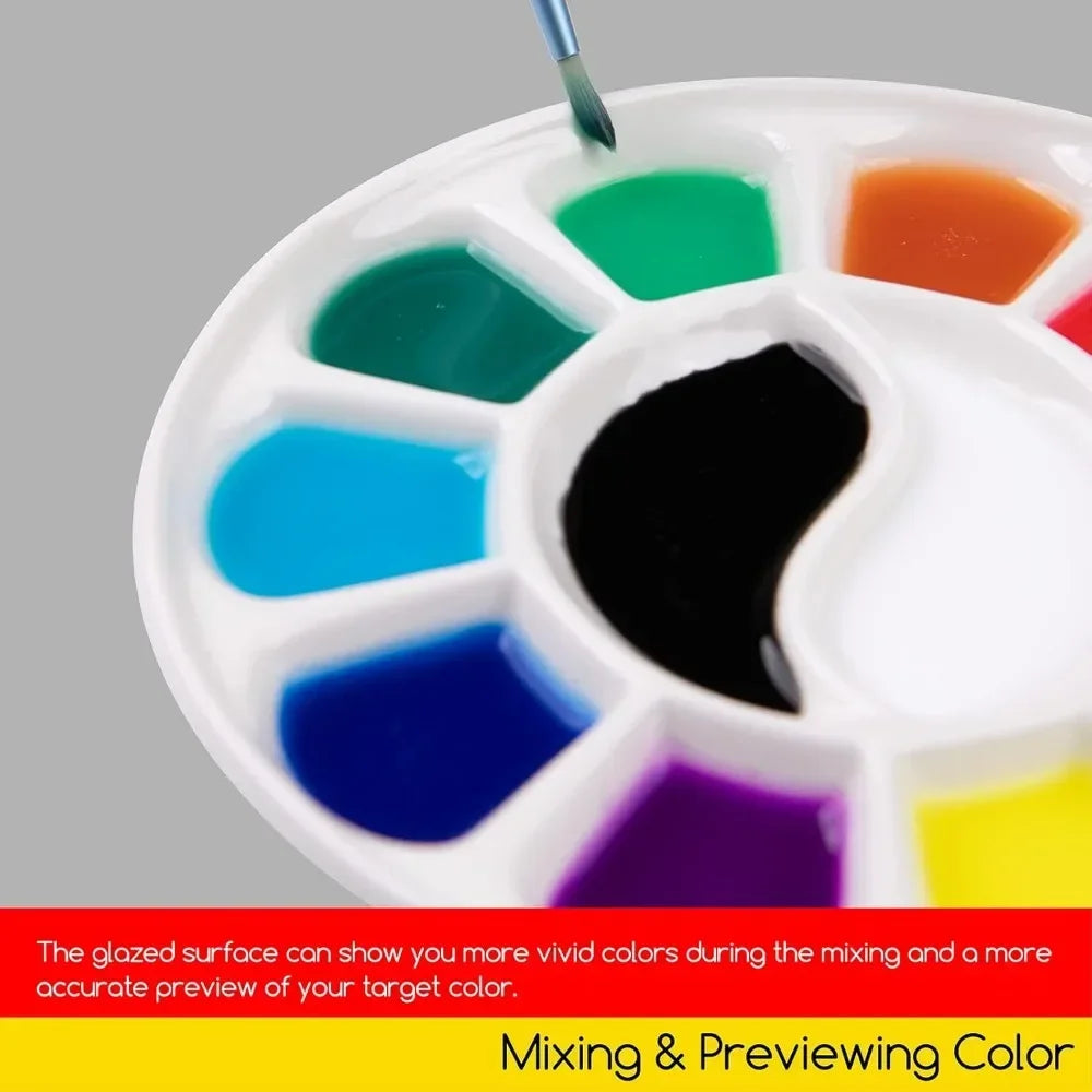12 Well Round Porcelain Watercolor Palette Gouache Acrylic Oil Painting, 7 Inches