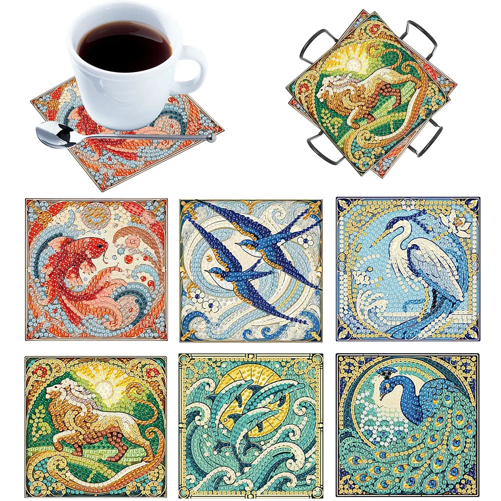 6Pcs Wooden Beautiful Pattern DIY Diamond Art Coaster Crafts