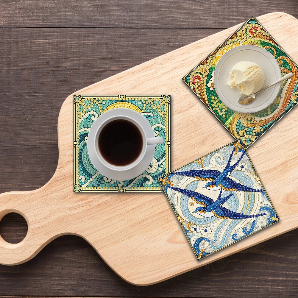 6Pcs Wooden Beautiful Pattern DIY Diamond Art Coaster Crafts