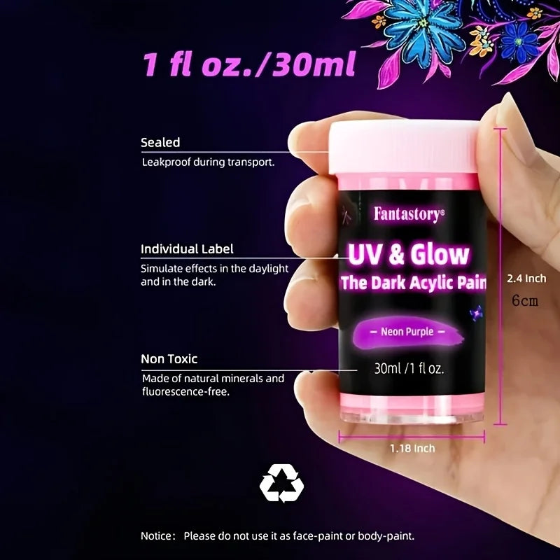 Fantastory 10pcs Glow in the Dark Acrylic Paints 30ml Waterproof