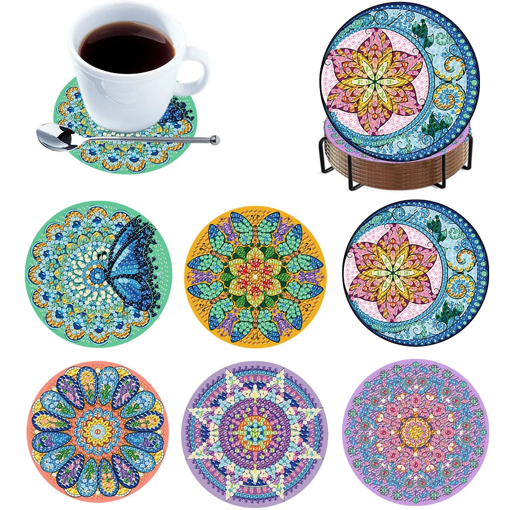 6Pcs Wooden Beautiful Pattern DIY Diamond Art Coaster Crafts