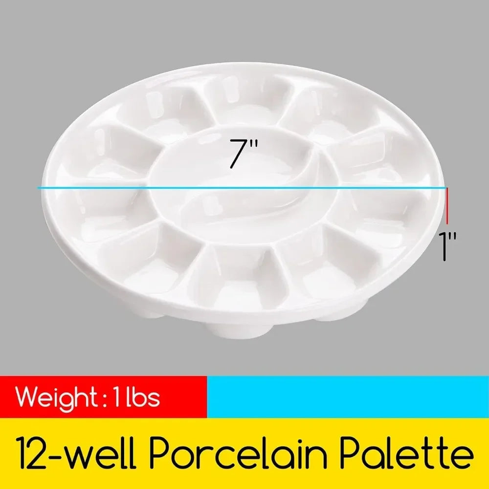 12 Well Round Porcelain Watercolor Palette Gouache Acrylic Oil Painting, 7 Inches