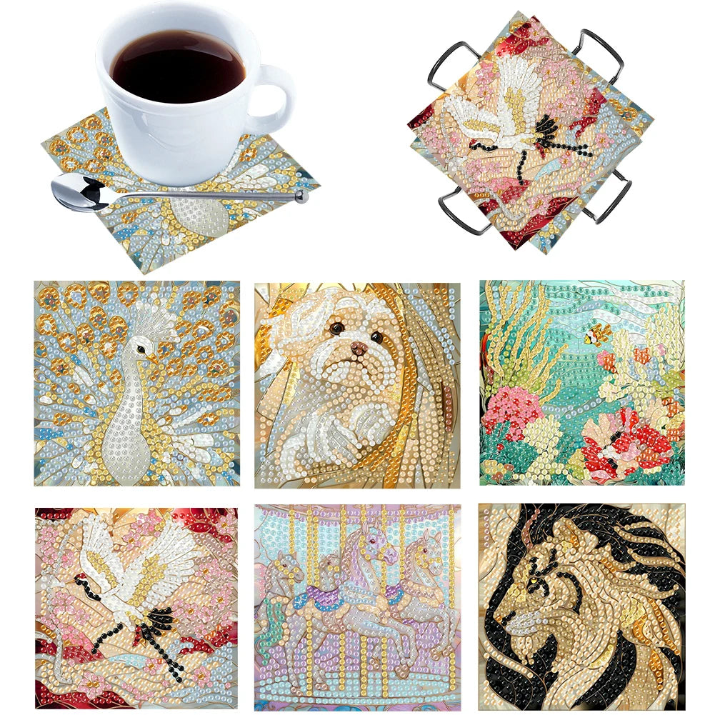 6Pcs Wooden Beautiful Pattern DIY Diamond Art Coaster Crafts