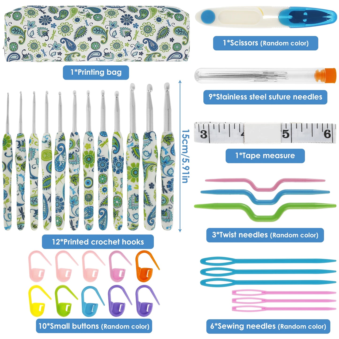 1Set Crochet Hook Set with Storage Bag Cashew Pattern