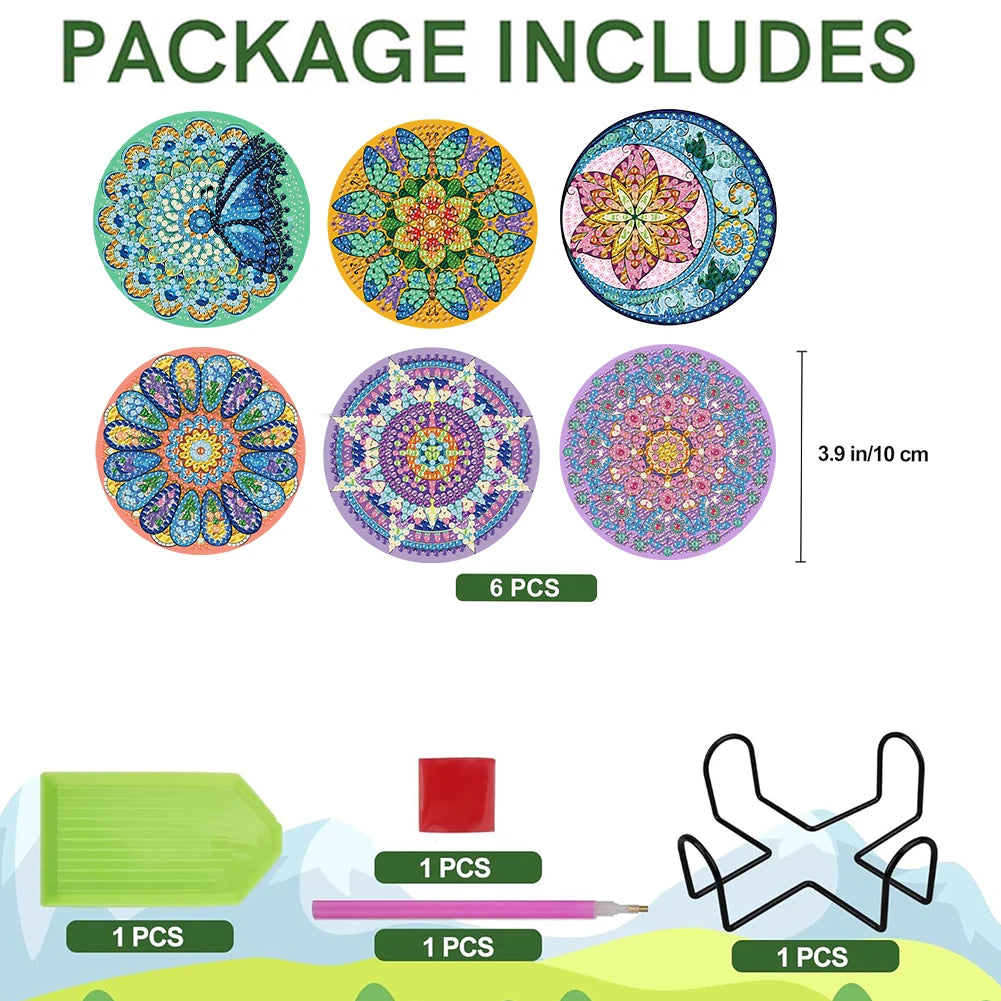 6Pcs Wooden Beautiful Pattern DIY Diamond Art Coaster Crafts