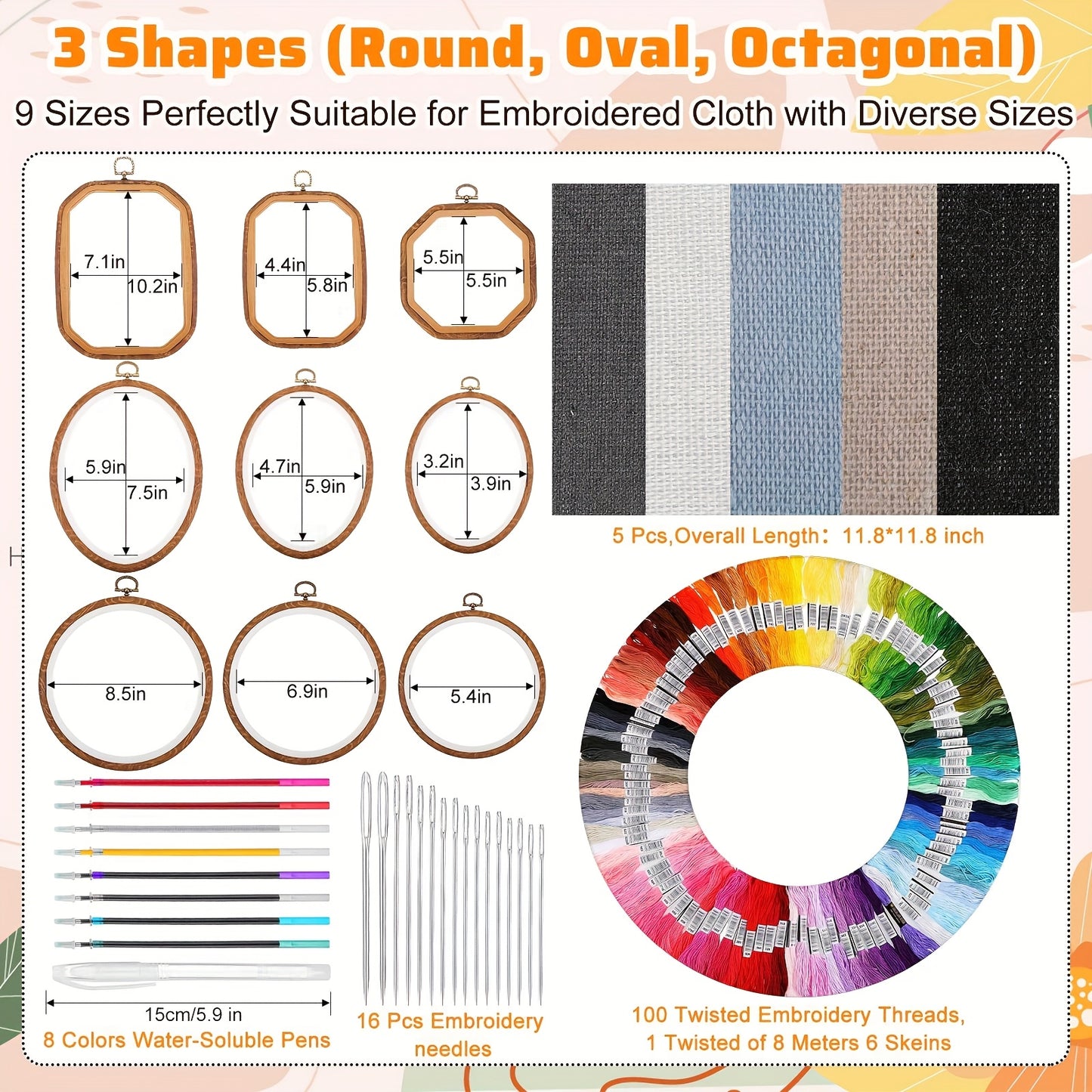 138pcs Embroidery Kit with 9 Hoops and 100 Floss Skeins