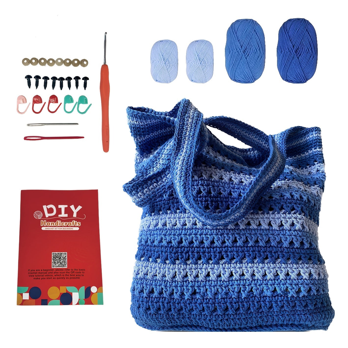 Complete Blue DIY Crochet Set For Adults With Video Guide