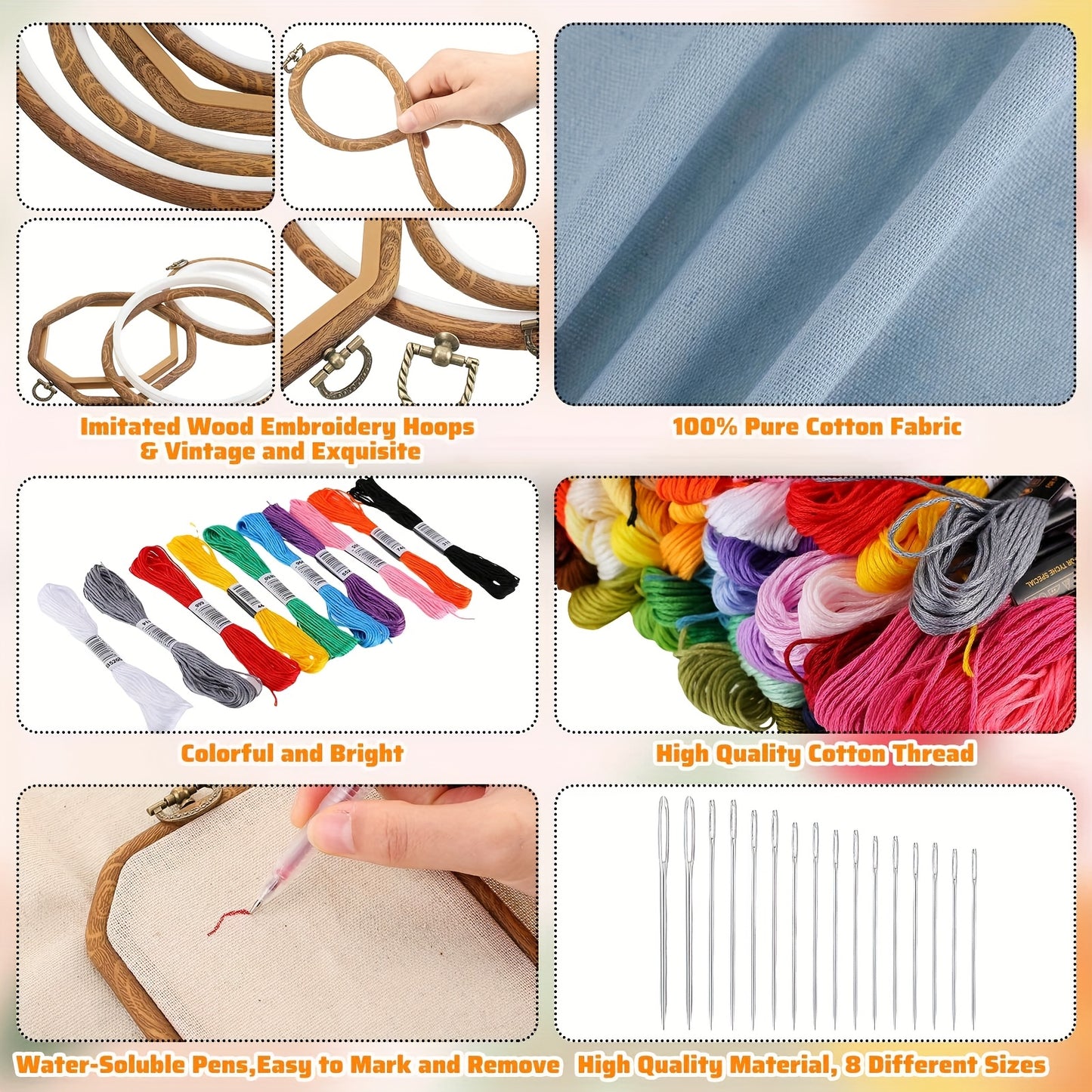 138pcs Embroidery Kit with 9 Hoops and 100 Floss Skeins