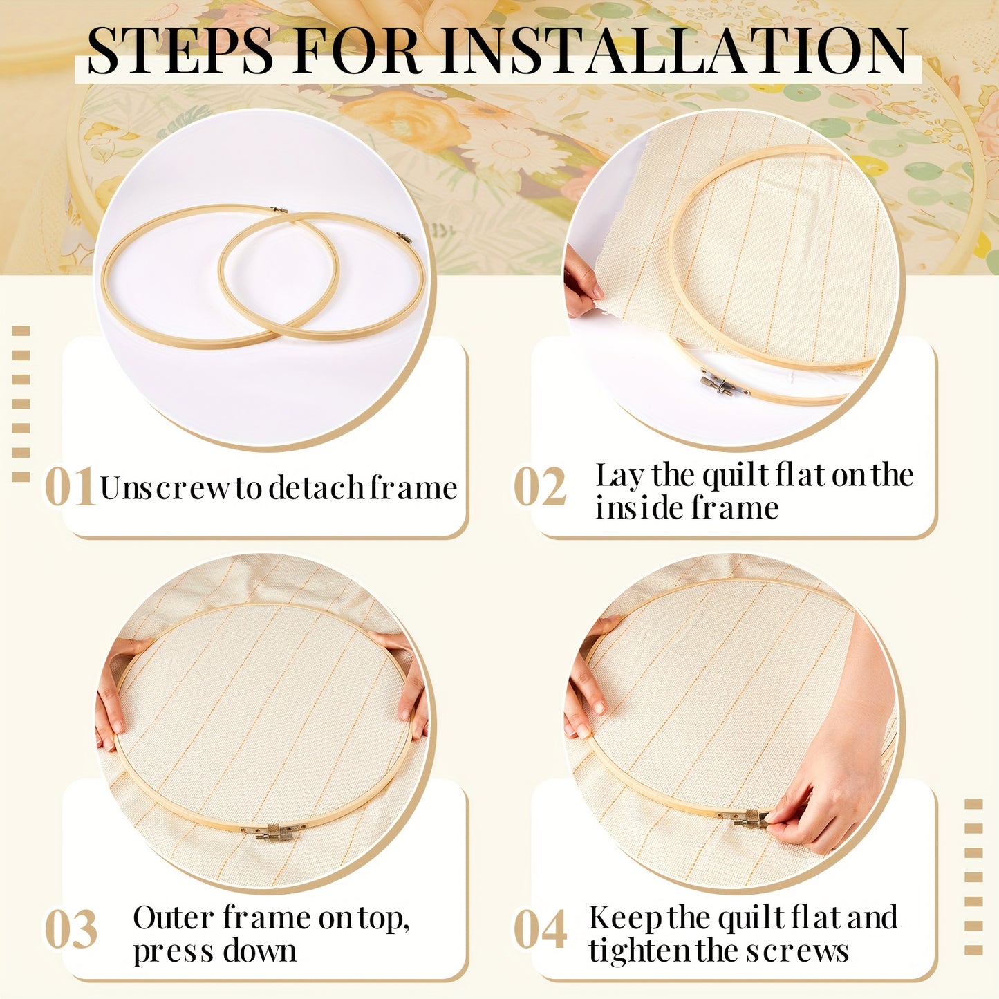3pcs Large Wooden Quilting Hoop 12/14/16 Inch No Slip Kit