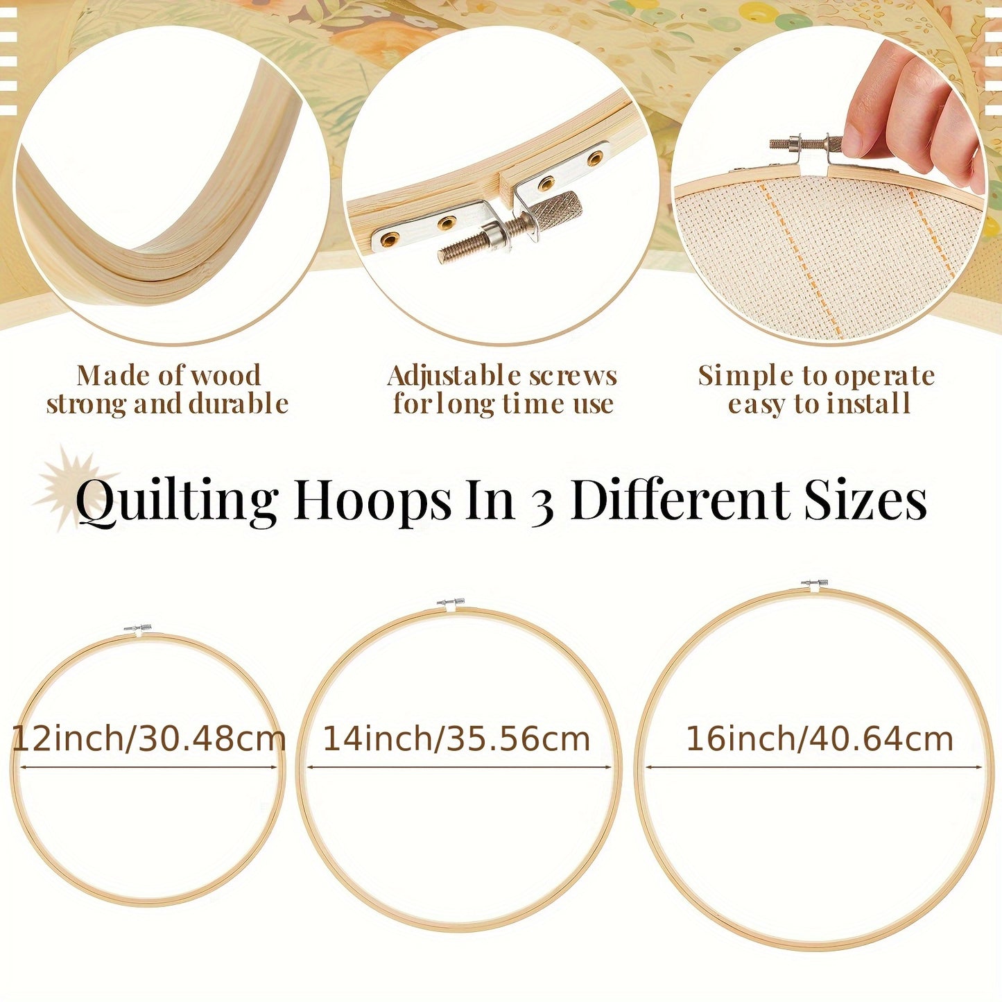 3pcs Large Wooden Quilting Hoop 12/14/16 Inch No Slip Kit