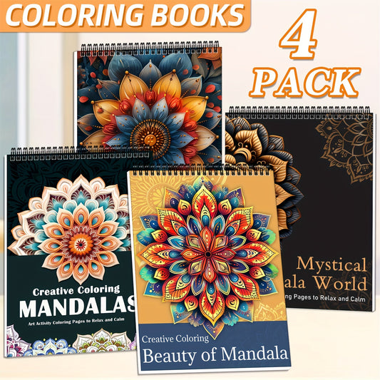 4pcs Mandala Coloring Book Set for Adults & Teens 102 Relax Designs Spiral Bound High-Quality Pages Art Relax Drawing Books for Relaxation, Mindfulness & Creativity