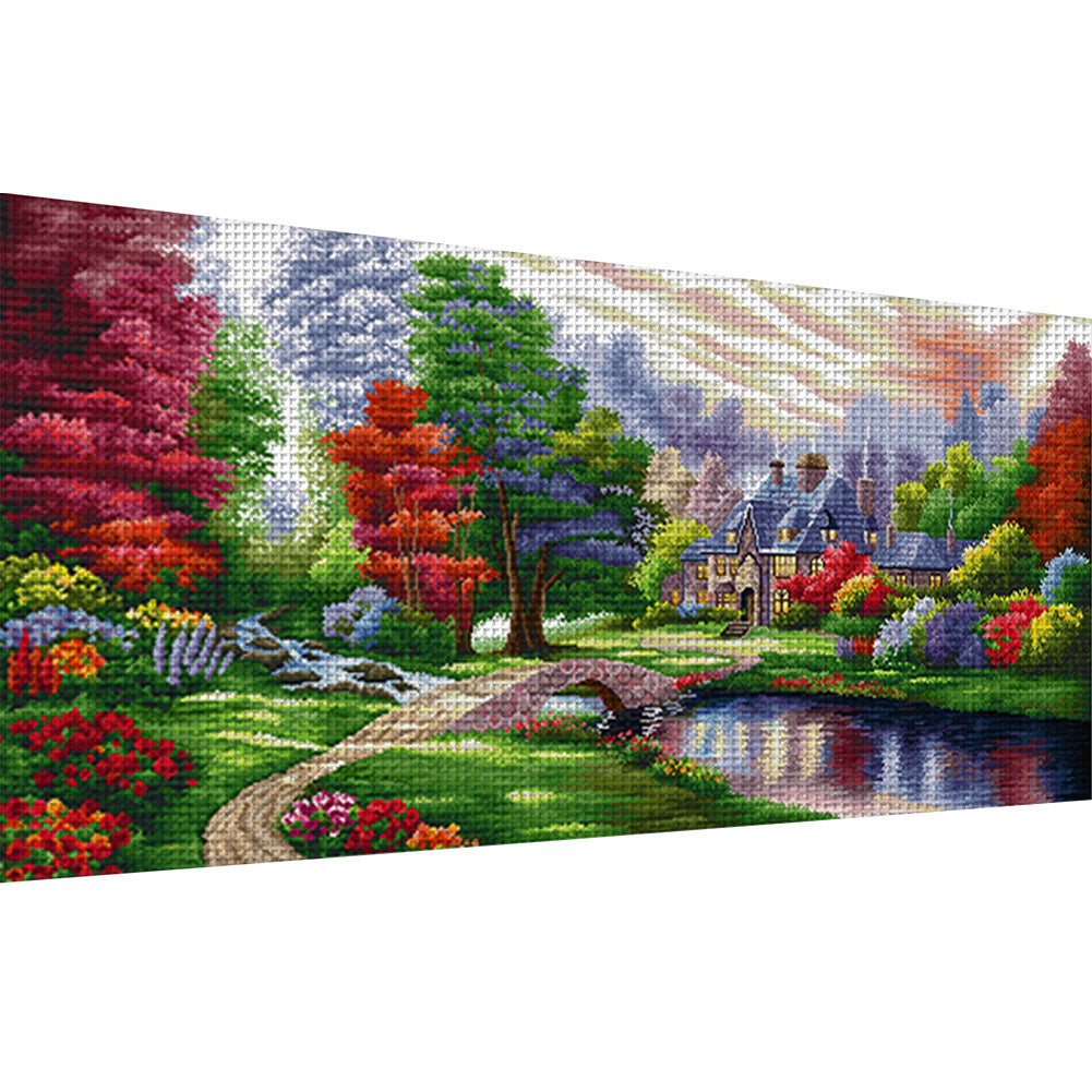 Lakeside Trees - DIY Eco-cotton Thread 11CT Stamped Landscape Series Full Embroidery Big Size Cross Stitch Kit
