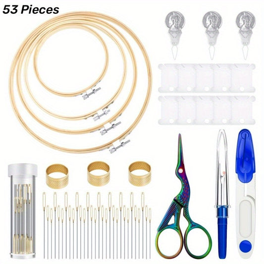 53pcs Cross Stitch Tool Embroidery Starter Kit with Hoops