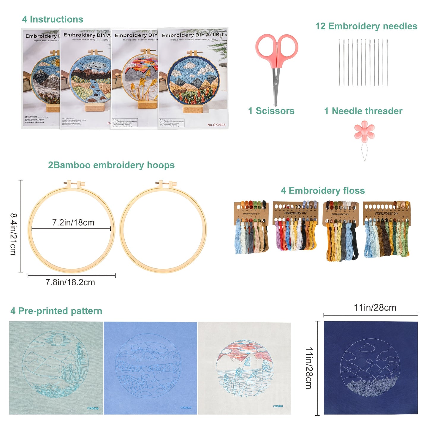 4 Sets Embroidery Kit for Adults, Complete Cross Stitch Set with Embroidery Hoops