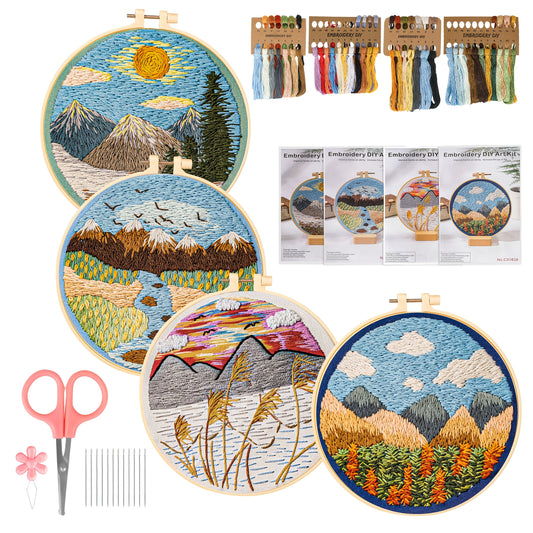 4 Sets Embroidery Kit for Adults, Complete Cross Stitch Set with Embroidery Hoops