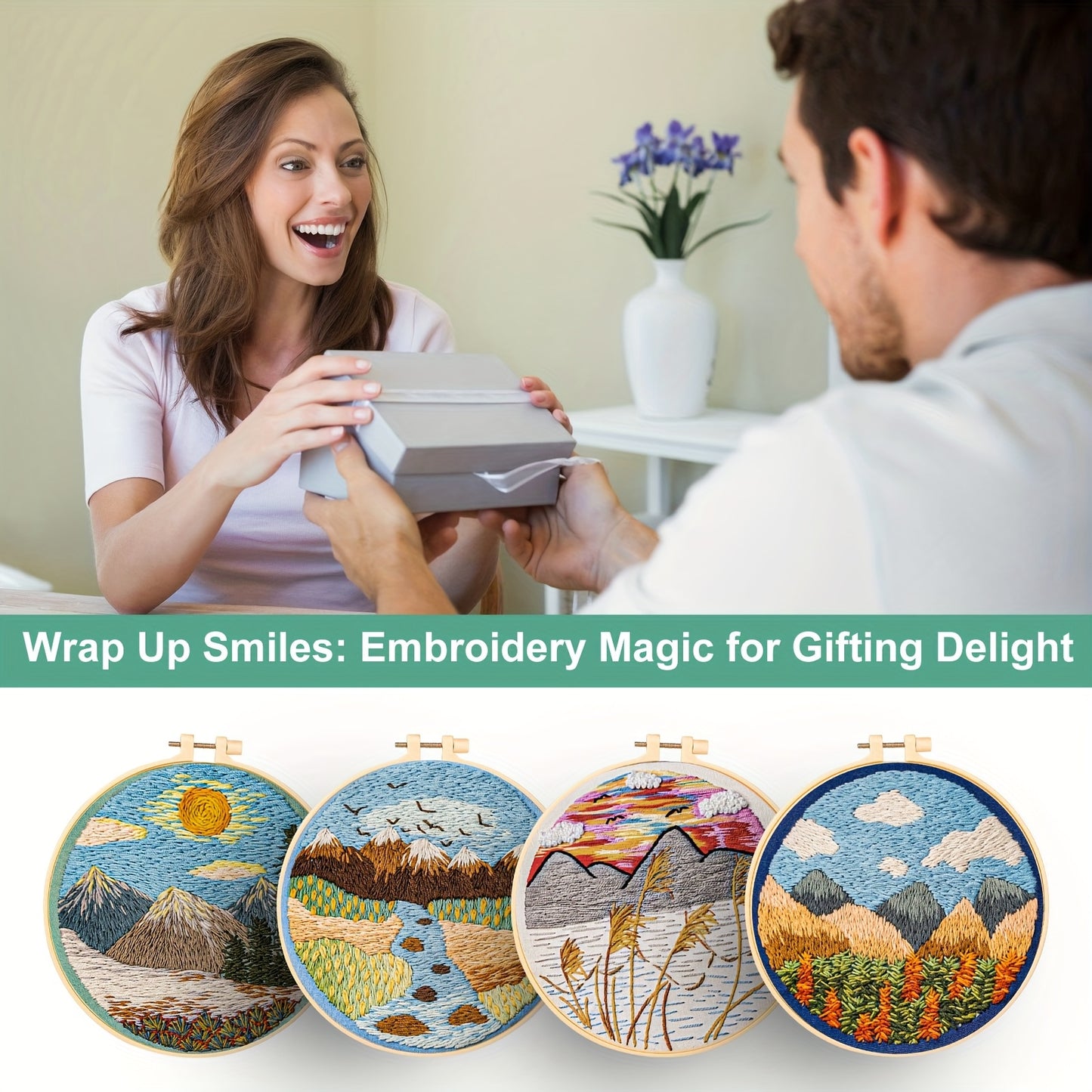 4 Sets Embroidery Kit for Adults, Complete Cross Stitch Set with Embroidery Hoops