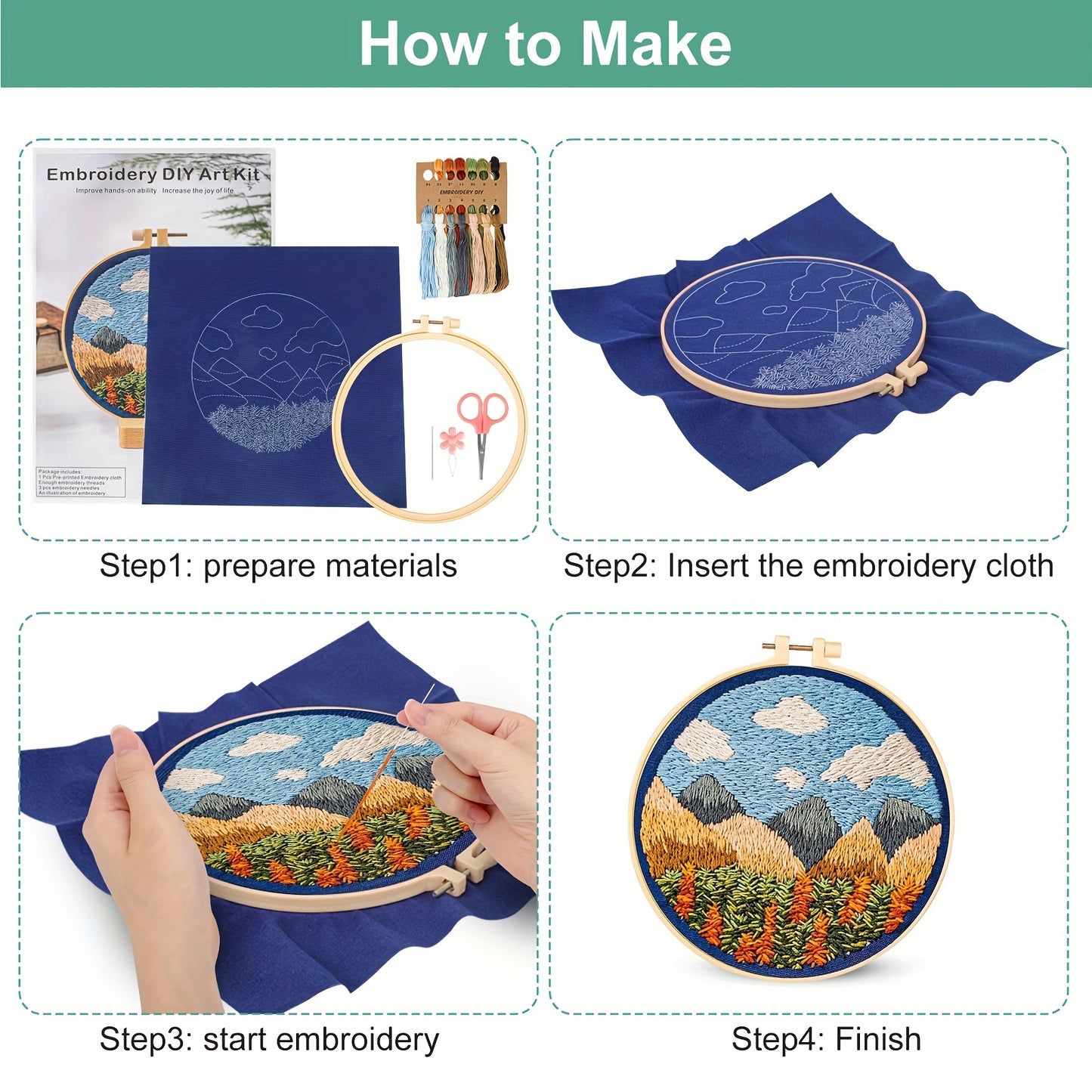 4 Sets Embroidery Kit for Adults, Complete Cross Stitch Set with Embroidery Hoops
