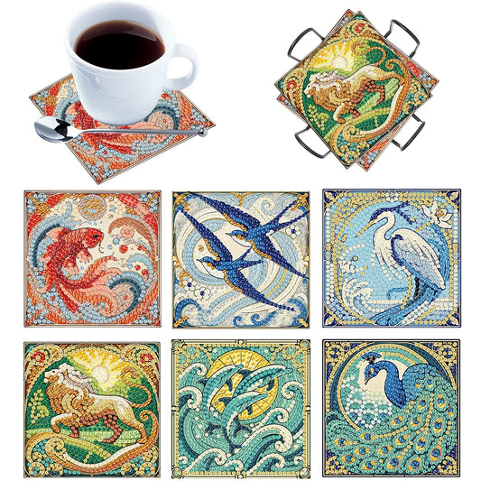 6Pcs Wooden Beautiful Pattern DIY Diamond Art Coaster Crafts