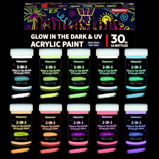 Fantastory 10pcs Glow in the Dark Acrylic Paints 30ml Waterproof