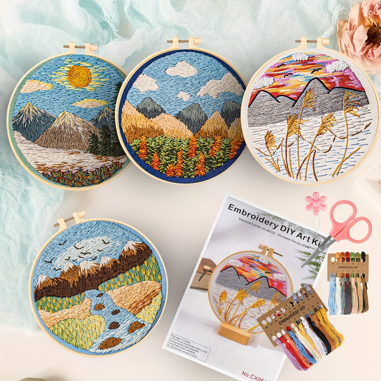 4 Sets Embroidery Kit for Adults, Complete Cross Stitch Set with Embroidery Hoops