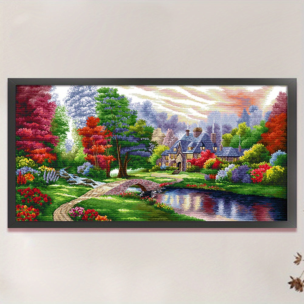 Lakeside Trees - DIY Eco-cotton Thread 11CT Stamped Landscape Series Full Embroidery Big Size Cross Stitch Kit