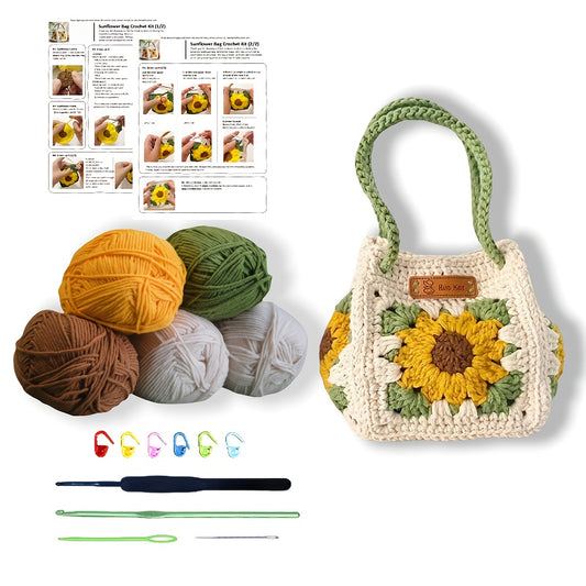 Classic Granny Square Sunflower Crochet Tote Bag Kit Easy DIY Handmade Purse For Beginners
